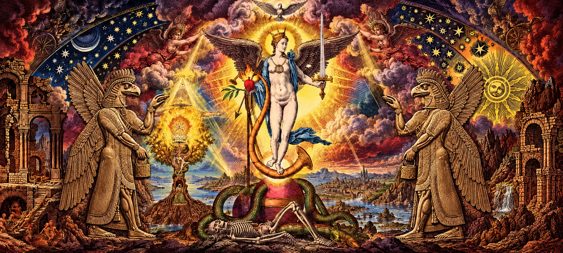 A winged divine figure stands between two Apkallu sages beneath a sky of stars, serpents, and sacred symbols.